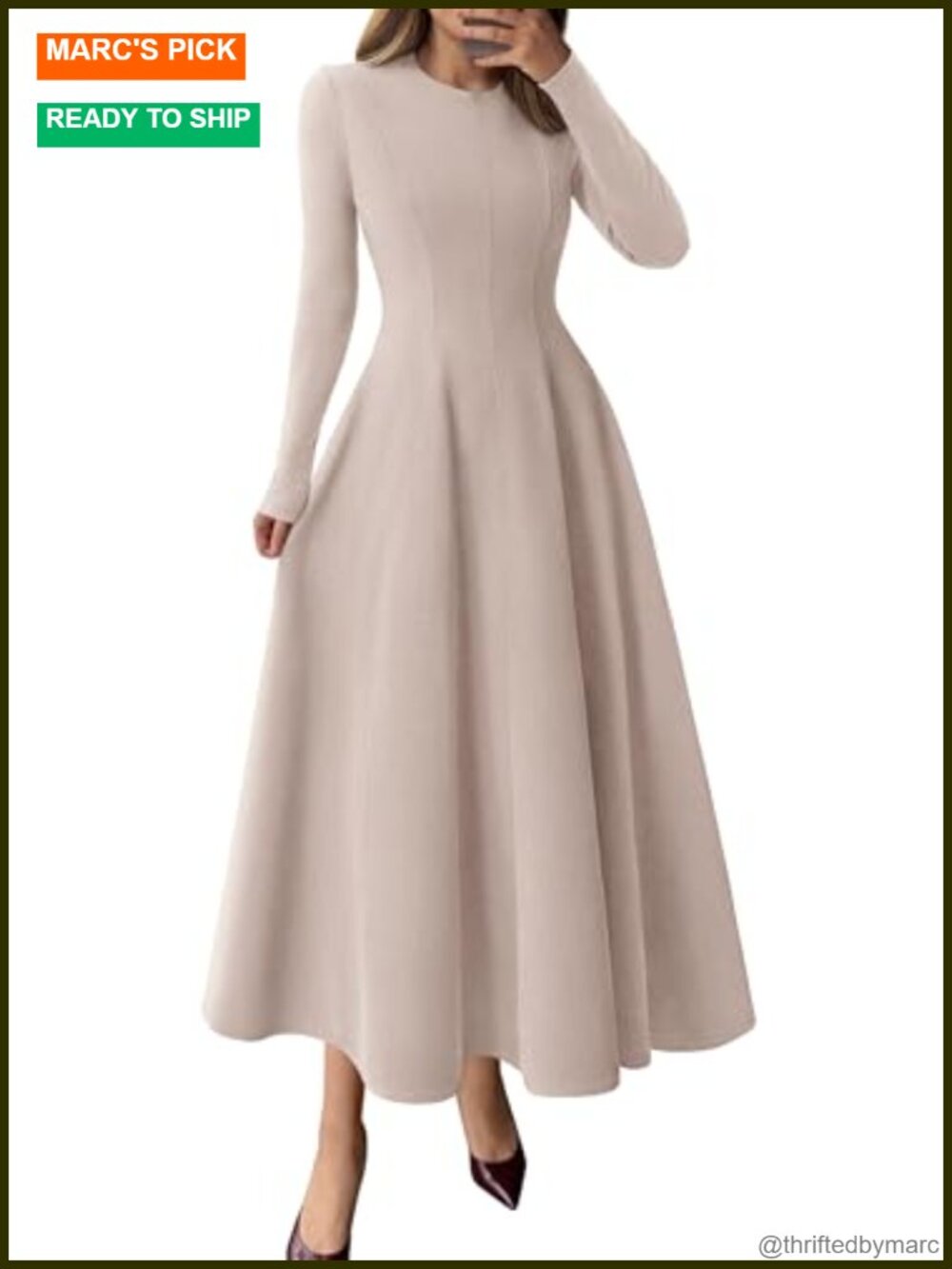 Long Sleeve A Line Midi Cocktail Dress Fit Flare Ruffled Crew Neck